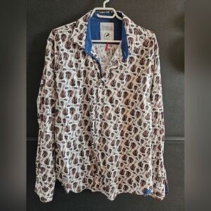 A Fish Named Fred Guitar Print Shirt Men’s XL Blue Contrast Cuffs Guitar Pattern